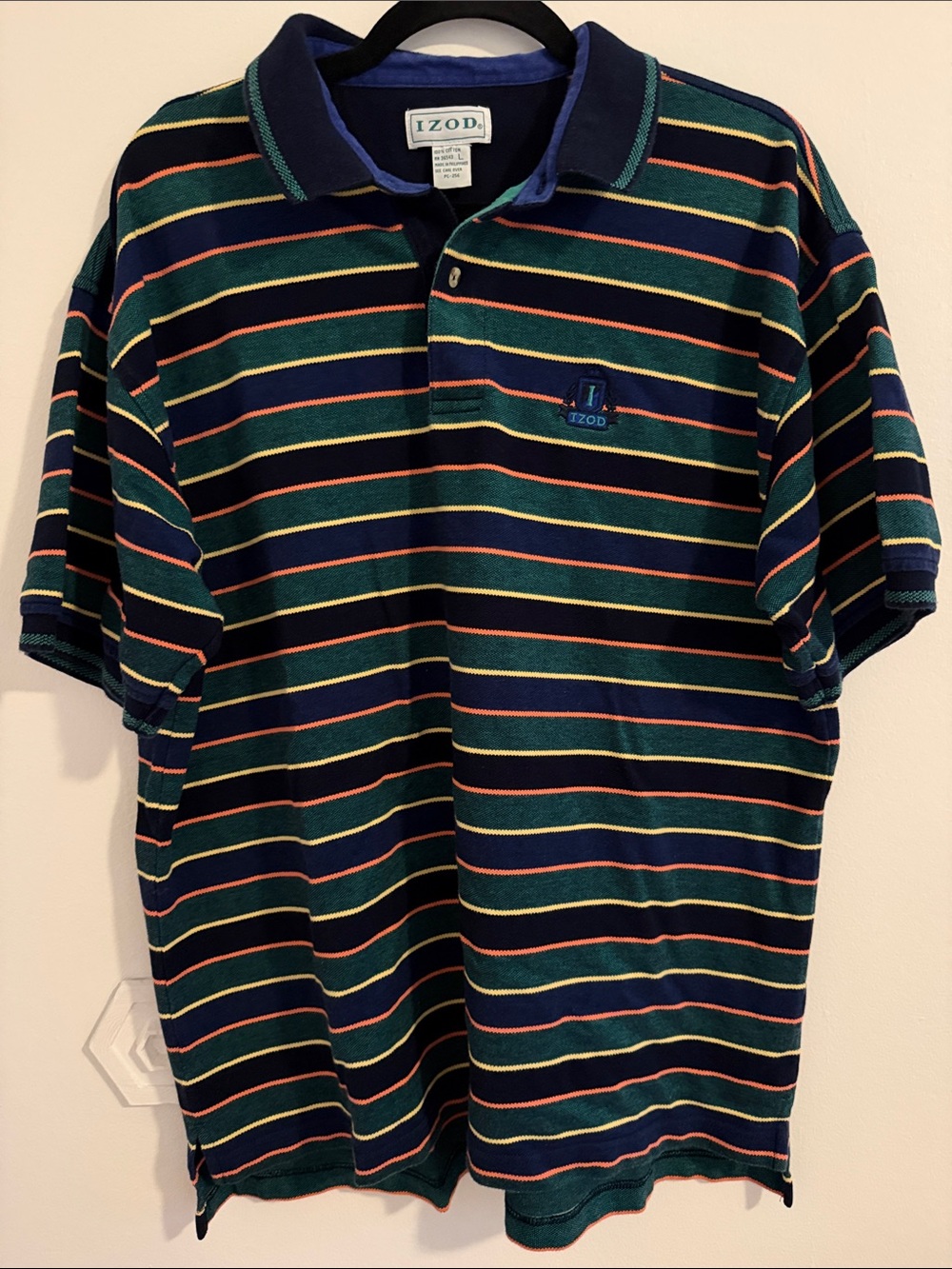 Izod Navy, Green & Orange Striped Polo Preppy Vintage? 100% Cotton